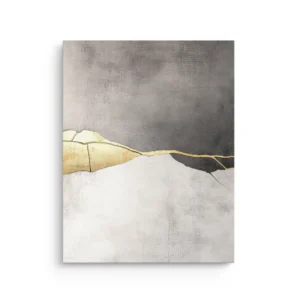 Minimalist gray and ivory abstract landscape with a gold kintsugi seam, printed on a premium thin canvas for Japandi décor.