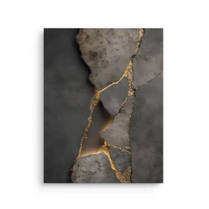Dark charcoal kintsugi abstract with gold cracks, printed on a premium thin canvas for modern luxury décor.
