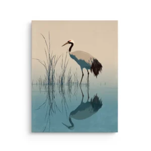 Minimalist Japanese crane standing in calm water with soft reflection Ukiyo e style thin canvas wall art