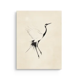 Minimalist crane in mid flight with delicate black ink linework on an ivory background in a Japanese Sumi e inspired style printed on premium thin canvas wall art.