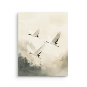 Minimal Japanese inspired cranes flying over misty mountains and forest silhouettes in soft ink wash tones on thin canvas wall art.