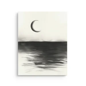 Crescent moon over abstract ink wash sea minimalist Sumi e thin canvas wall art