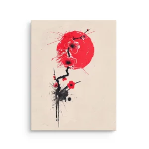 Crimson sun with cherry blossoms ink branch on neutral background thin canvas wall art