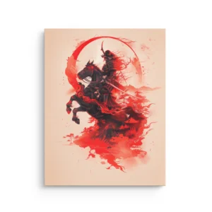 Armored samurai on a rearing horse with crimson ink flames and red halo, Japanese warrior thin canvas wall art