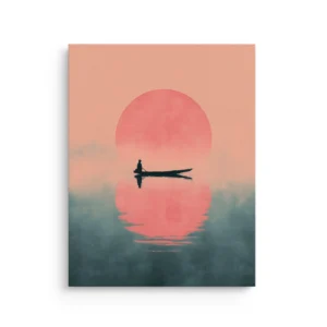 Minimalist fisherman boat under crimson sun reflection thin canvas wall art