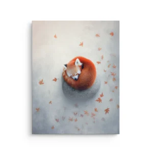 Japandi style red panda curled on a smooth stone with drifting Japanese maple leaf accents on a misty gray background thin canvas wall art.