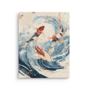 Three koi fish swimming in swirling blue Japanese ink-style waves on a neutral background, modern Japandi wall art thin canvas.