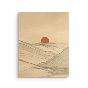 Minimalist desert line art with red sun and dune contour lines on beige background, thin canvas wall art