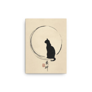 Minimal black cat silhouette sitting inside a Zen enso brush circle on a warm beige background with subtle ink calligraphy, Japandi thin canvas wall art.