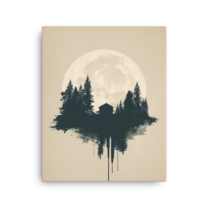 Minimal forest cabin silhouette under a full moon in beige tones japandi thin canvas wall art