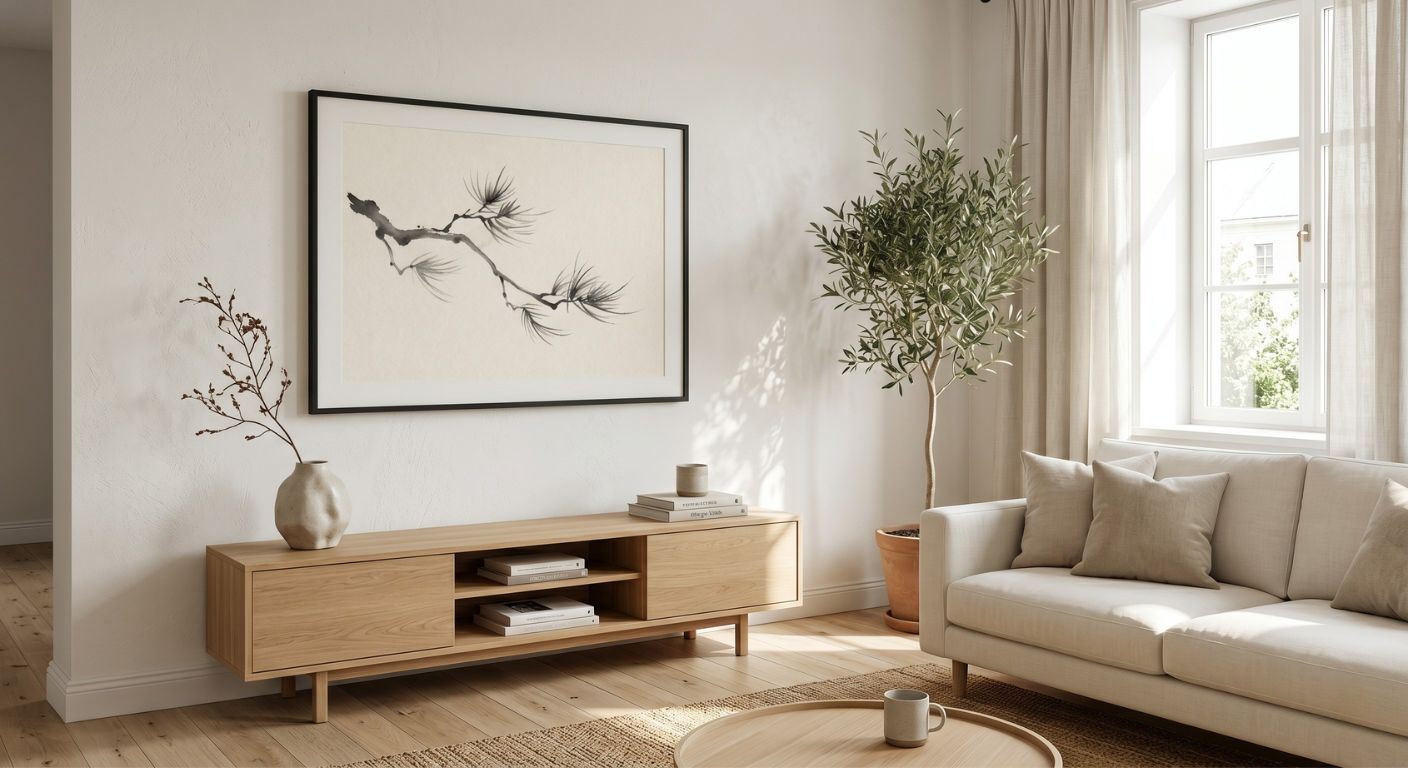 Framed minimalist Sumi-e pine branch art print hanging above a light oak console in a bright, neutral Japandi style living room.