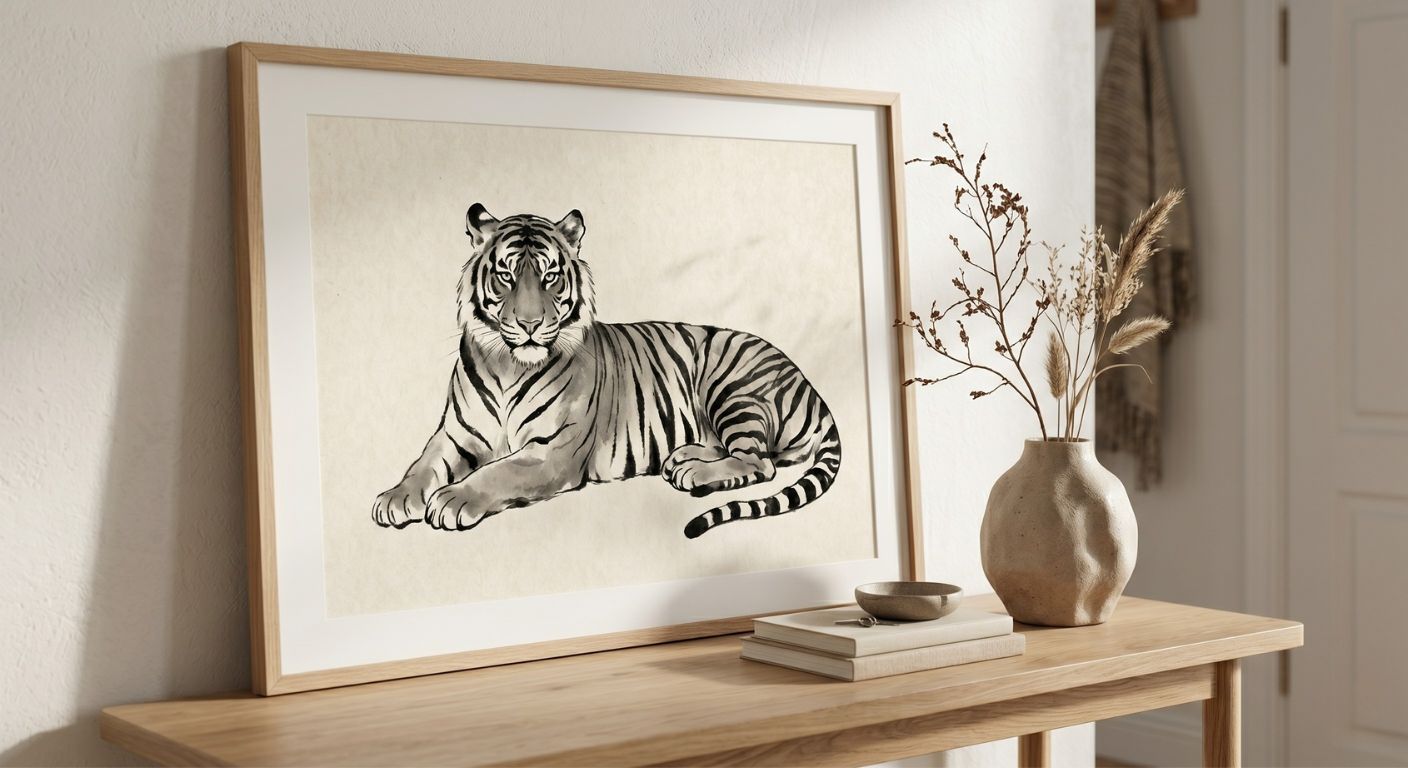 Framed Sumi-e tiger ink wash digital print resting on a light wood entryway console table next to a textured wabi-sabi ceramic vase.