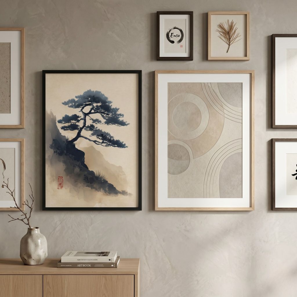 Minimalist Japandi gallery wall featuring a framed Sumi-e pine tree painting paired with a neutral beige geometric textured abstract art print and an enso circle.